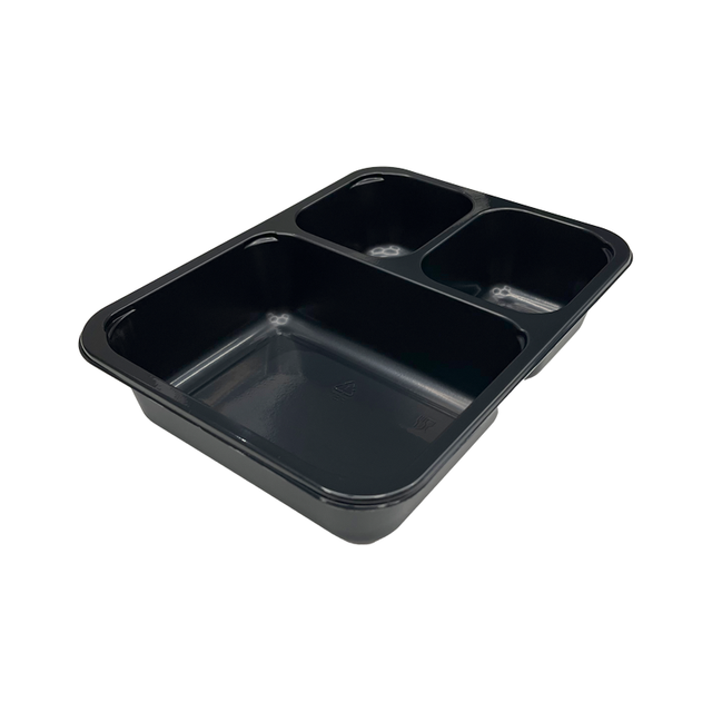 Hitray Hi08 27 oz. 3 Compartment Rectangular Black CPET Tray